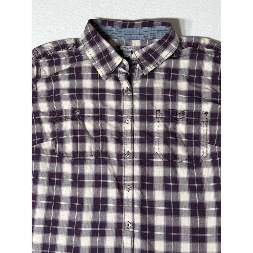 Carhartt women's Plaid Long Sleeve Button Up Shirt Purple Tan XXL 20 Workwear